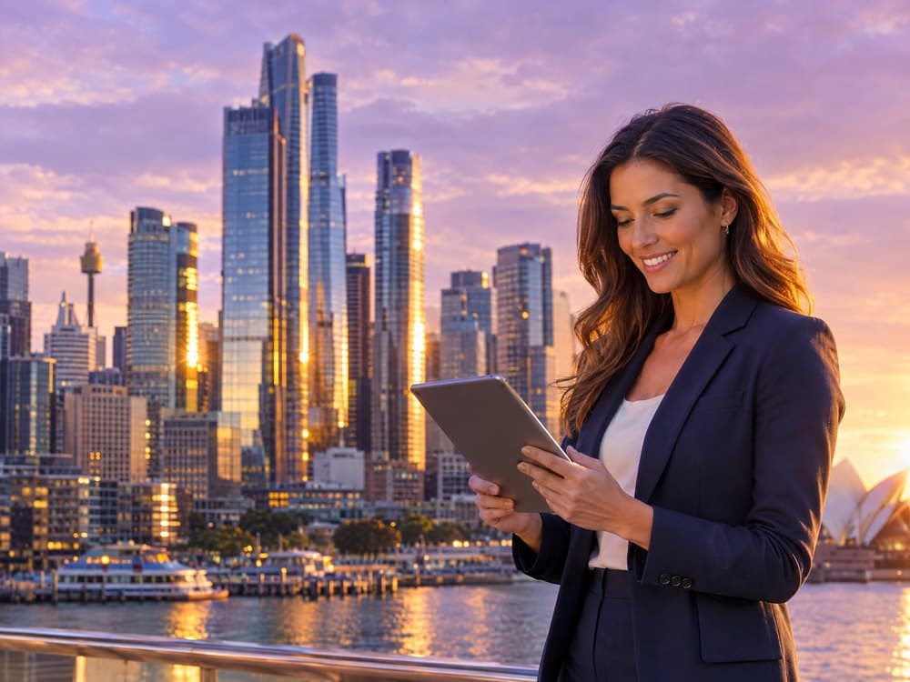 A businesswoman smiling at a tablet with Sydney’s glass towers behind her at sunset