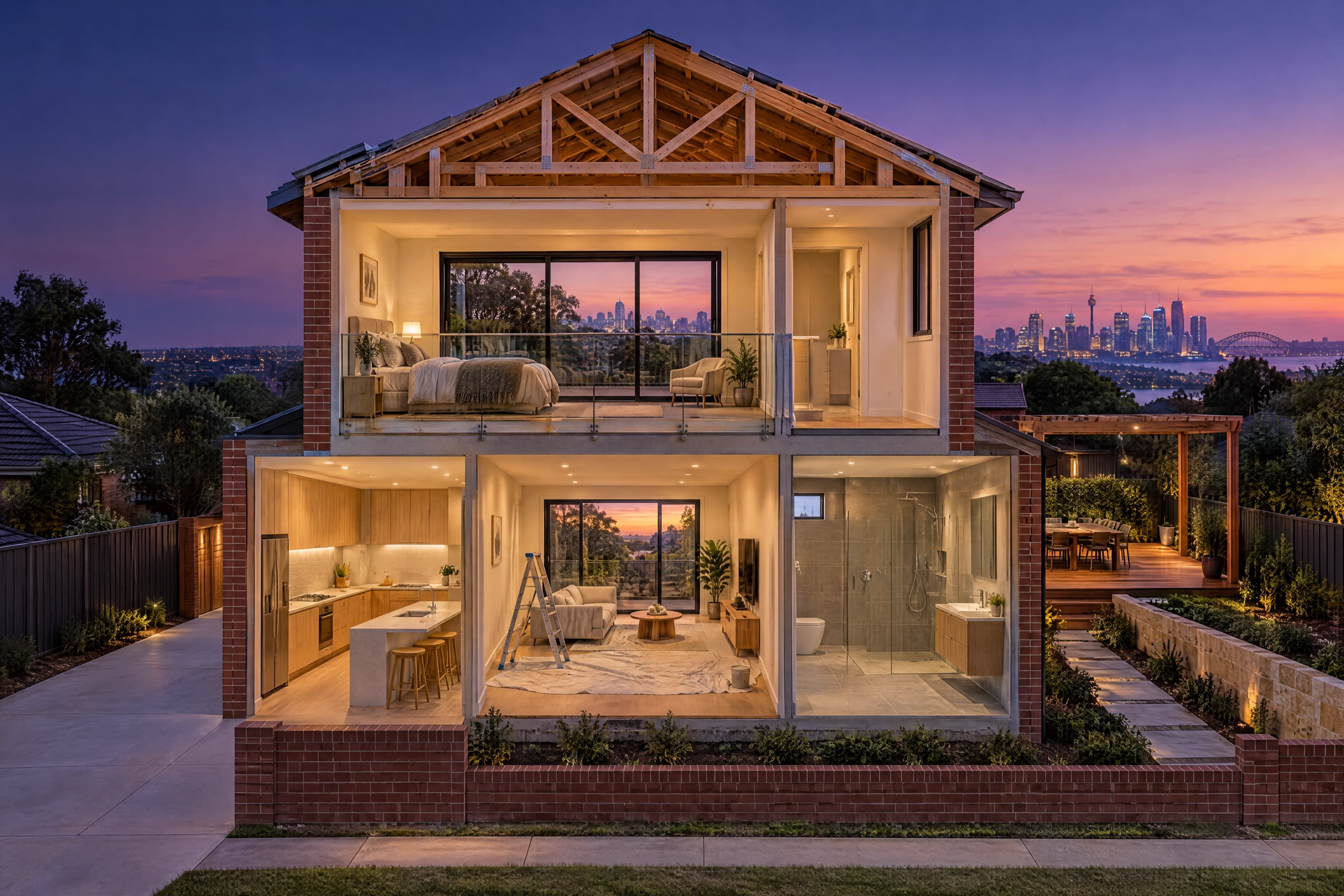 A new two-storey home at dusk with its front wall cut away: a timber roof frame, a bedroom behind glass, a kitchen, a living room being painted and a tiled bathroom, with a brick fence, a concrete driveway and a backyard deck. Sydney’s skyline glows behind it.